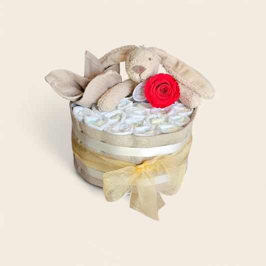 luiertaart Happy Horse gerecycled beige knuffel met roos en Pampers maat 2