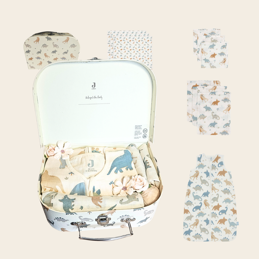 Kraamcadeau Dino – groot koffertje met Jollein slaapzak en babyartikelen