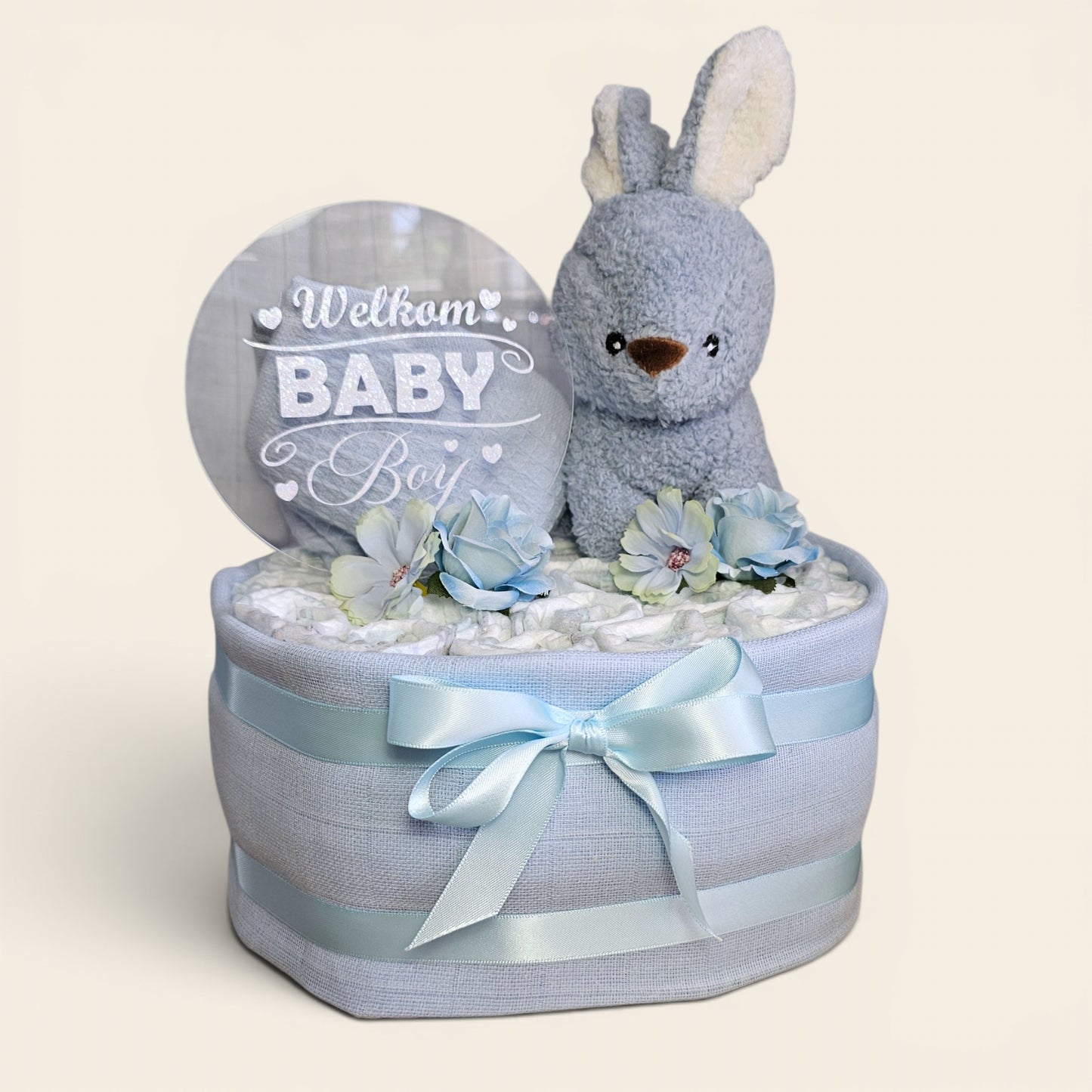 Luiertaart 1 laags blauw – Welkom Baby boy met konijnen knuffel