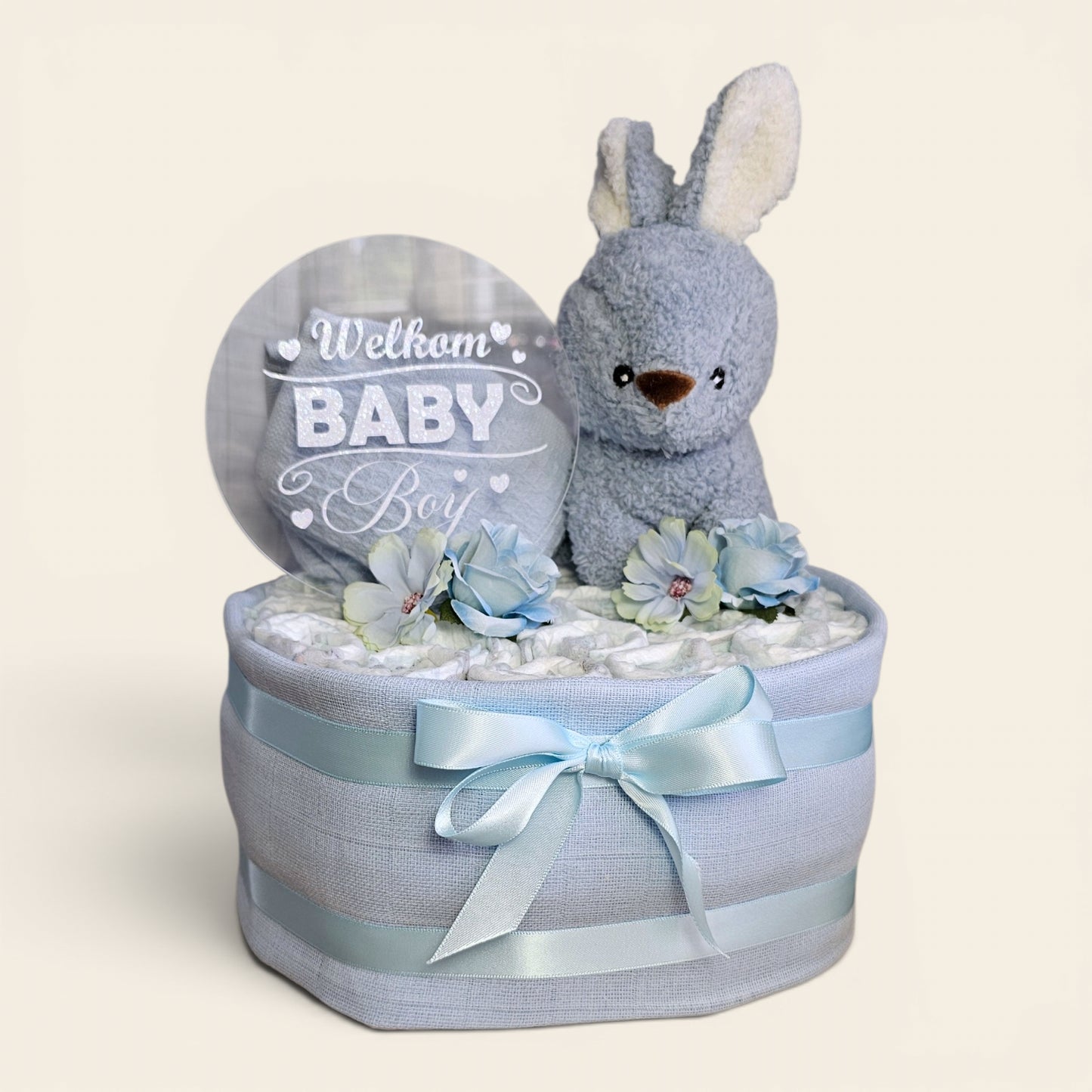 Luiertaart 1 laags blauw – Welkom Baby boy met konijnen knuffel