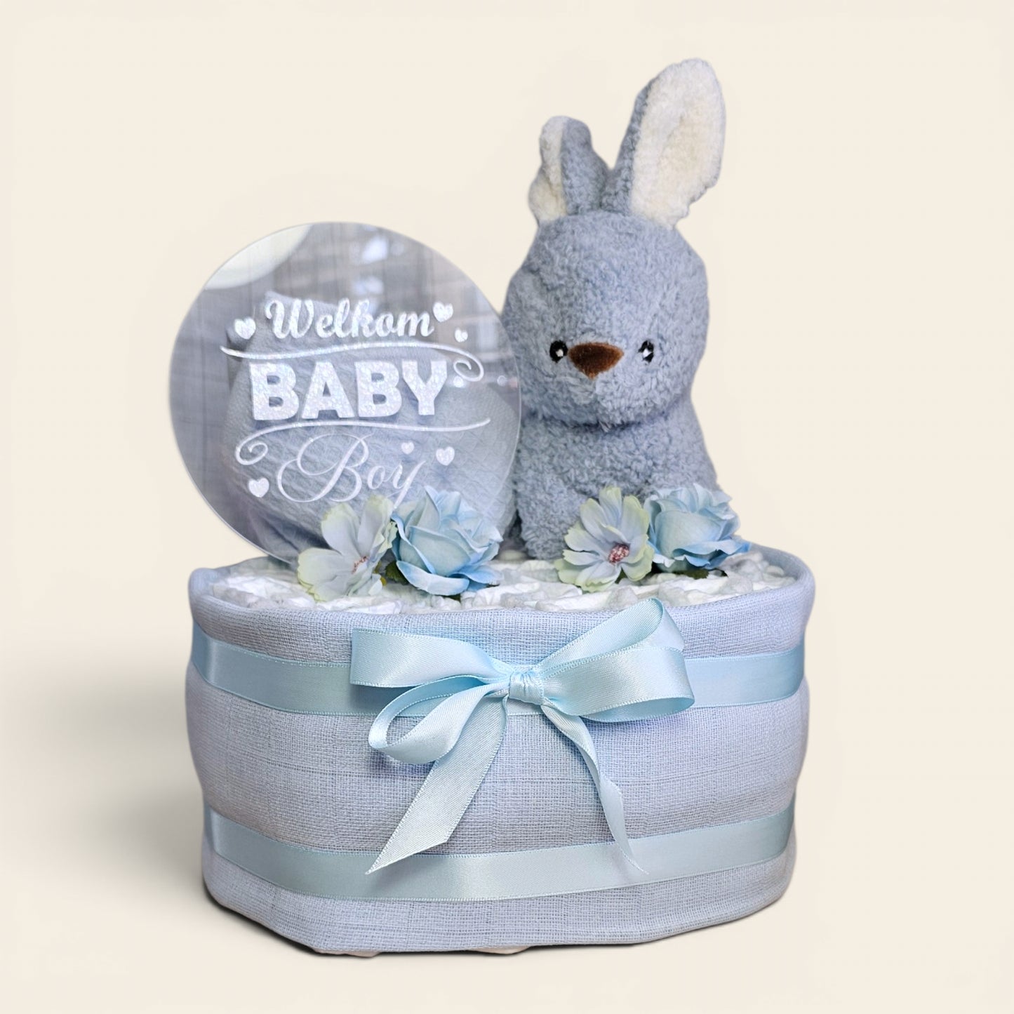 Luiertaart 1 laags blauw – Welkom Baby boy met konijnen knuffel