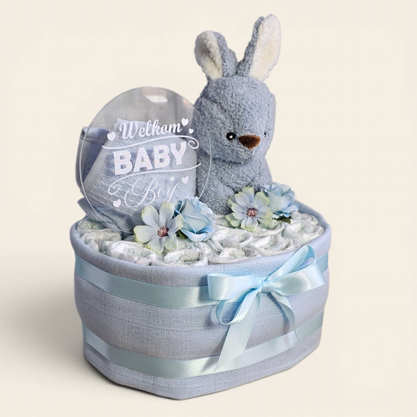 Luiertaart 1 laags blauw – Welkom Baby boy met konijnen knuffel