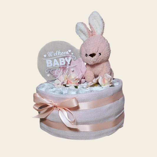 Luiertaart 1 laags roze – Welkom Baby Girl met konijnen knuffel