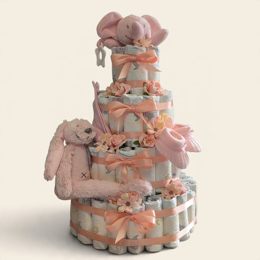 mega roze luiertaart 107 luiers met happy horse knuffel en olifant tuttle