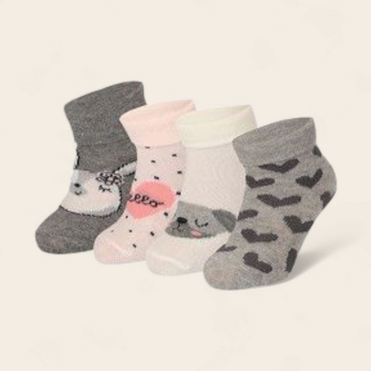 Baby meisje Sokken 4-Pack – Dierenprints & Patroon | Zacht Katoen & Naadloos Comfort