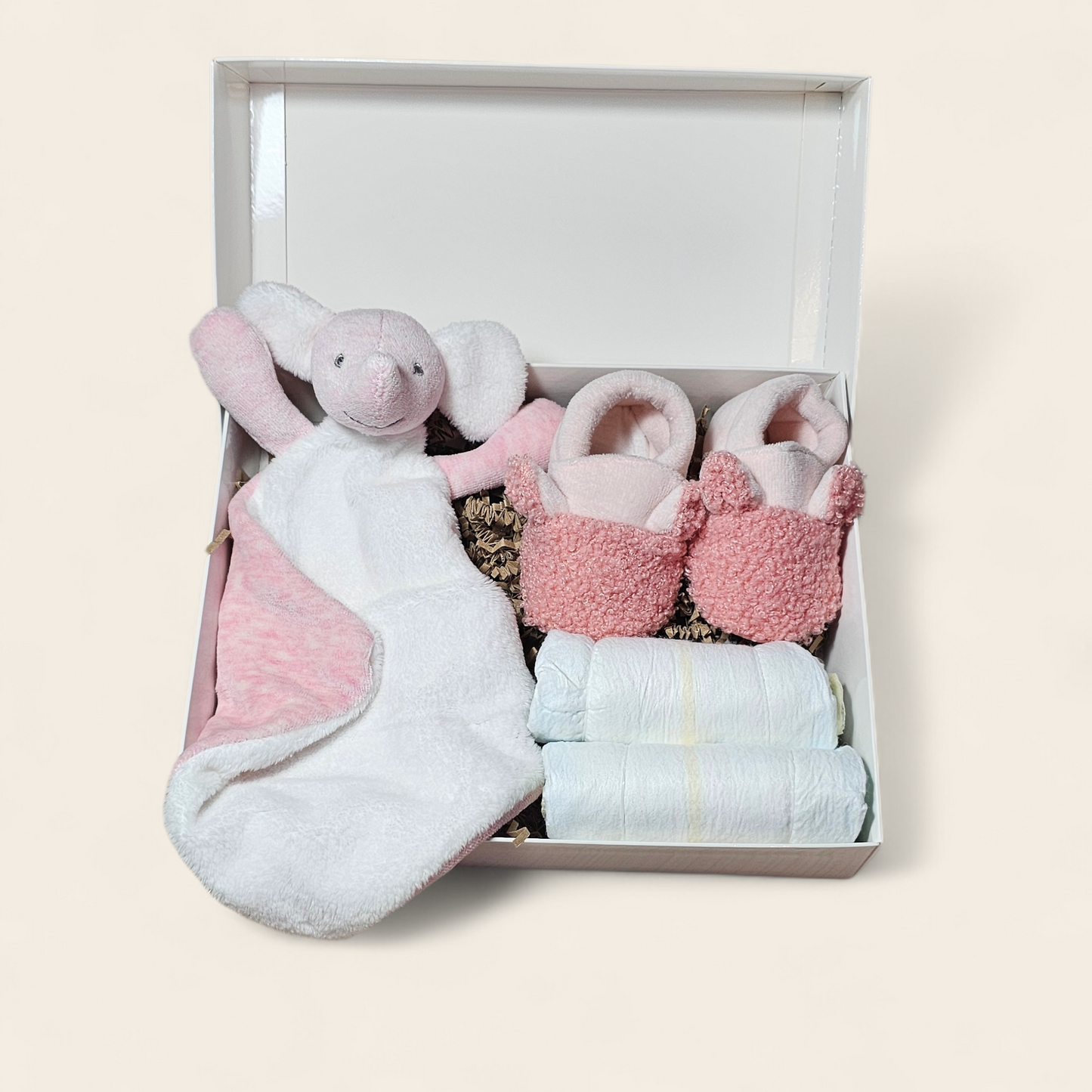 Kraamcadeau met Roze BamBam Olifant – Personalisatie Mogelijk, Luiers & Apollo Babyslofjes