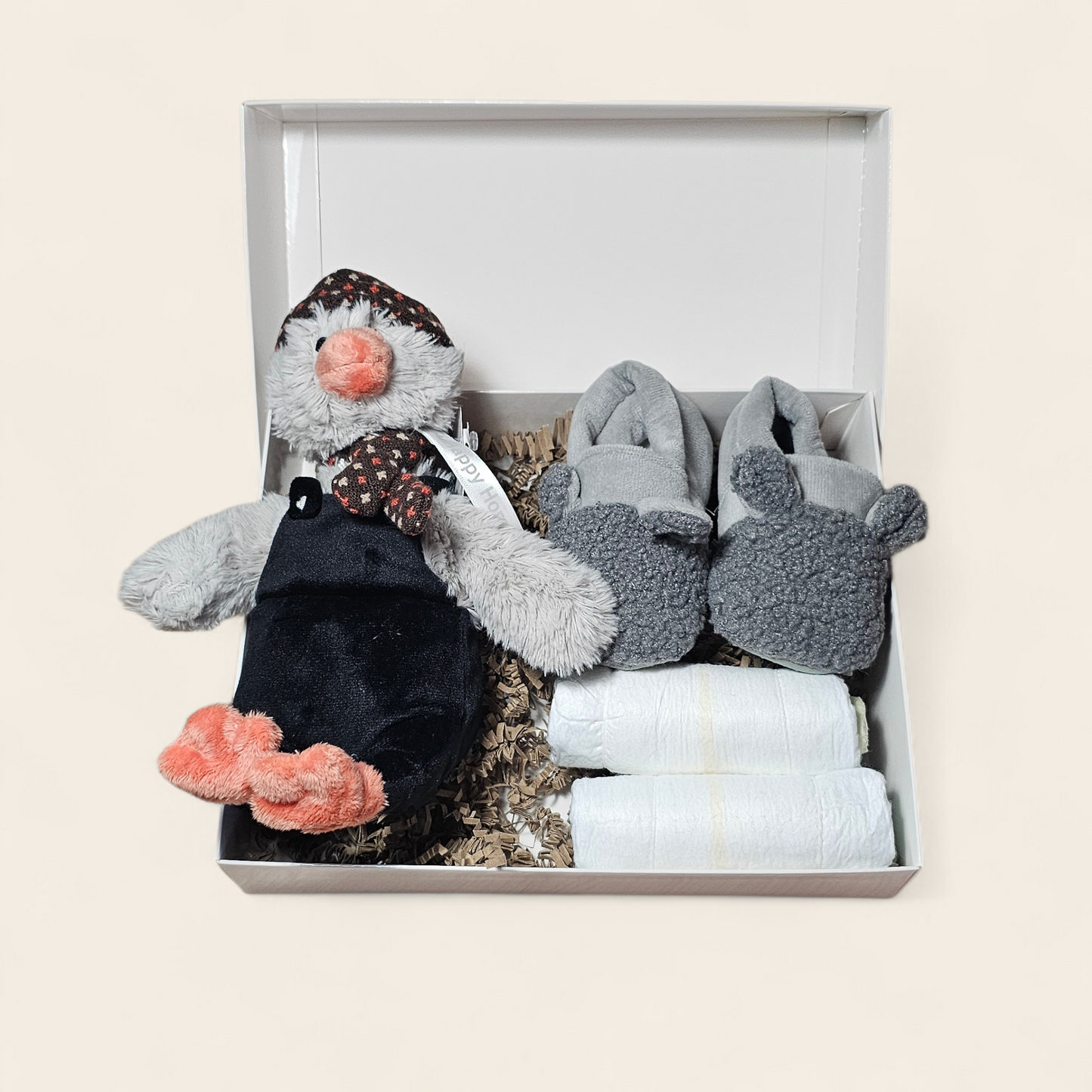 Kraamcadeau Grijs met Happy Horse Pinguïn Knuffel – Optioneel Bedrukte Cadeaudoos, Luiers & Apollo Babyslofjes