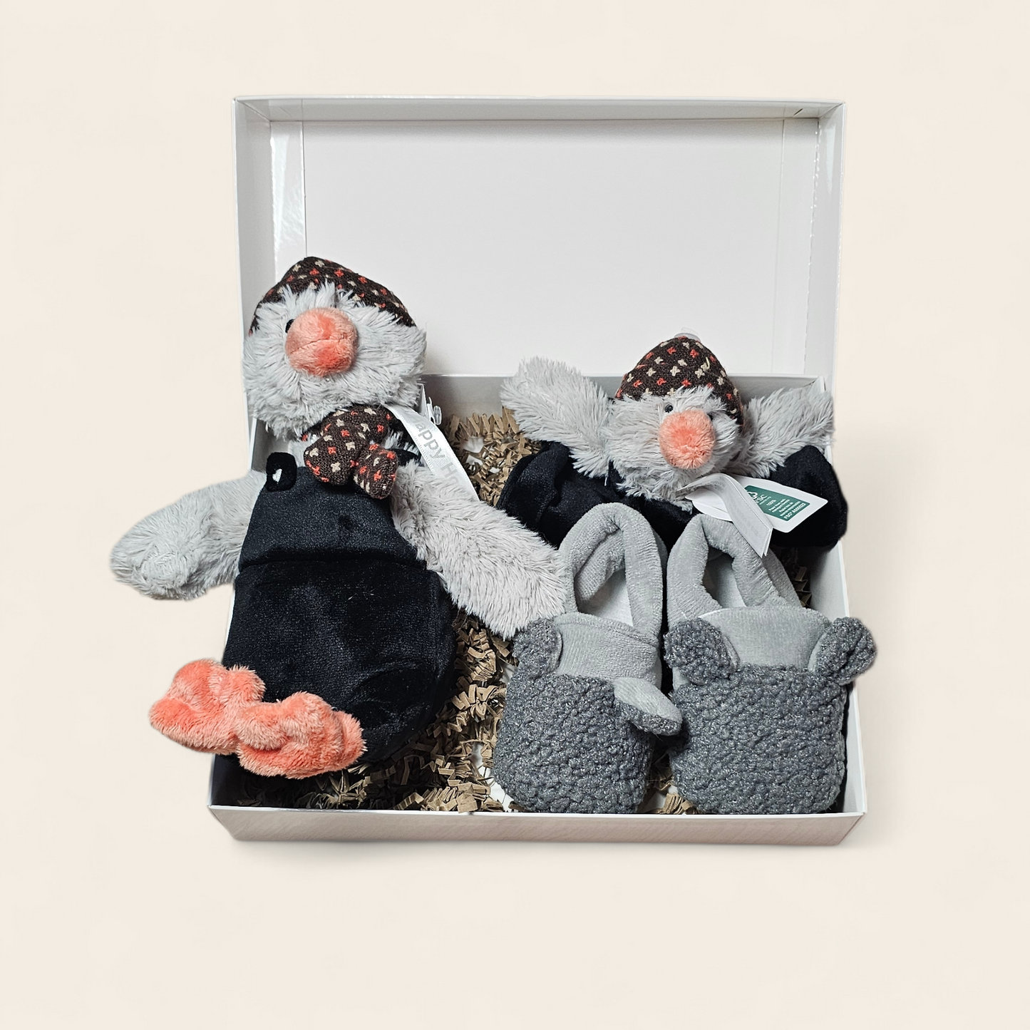 Kraamcadeau Grijs met Happy Horse Pinguïn Knuffel & Tuttle – Personalisatie Mogelijk, Luiers & Apollo Babyslofjes