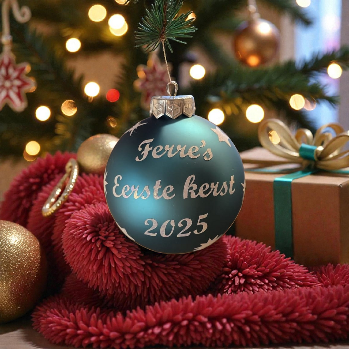 Kerstbal met naam - mat turquoise blauw - Glas – 8cm - eigen tekst