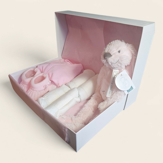 Kraamcadeau roze met Happy Horse Richie Knuffel, romper, vestje, broekje, mutsje en slofjes personaliseerbaar