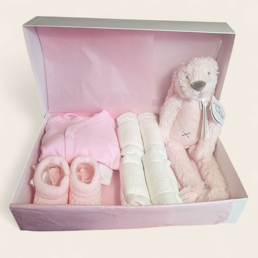 Kraamcadeau roze met Happy Horse Richie Knuffel, romper, vestje, broekje, mutsje en slofjes personaliseerbaar