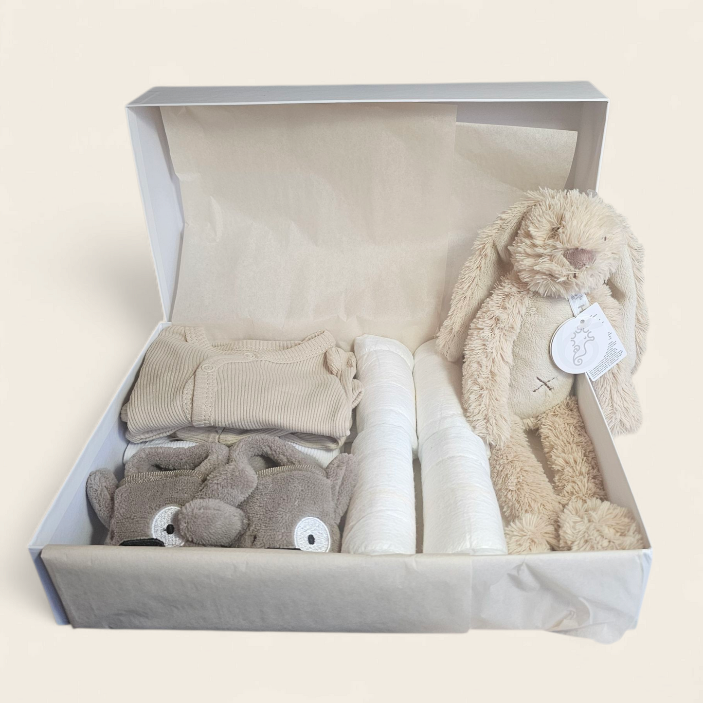 Kraamcadeau beige met Happy Horse Richie Knuffel, romper, vestje, broekje, mutsje en slofjes personaliseerbaar