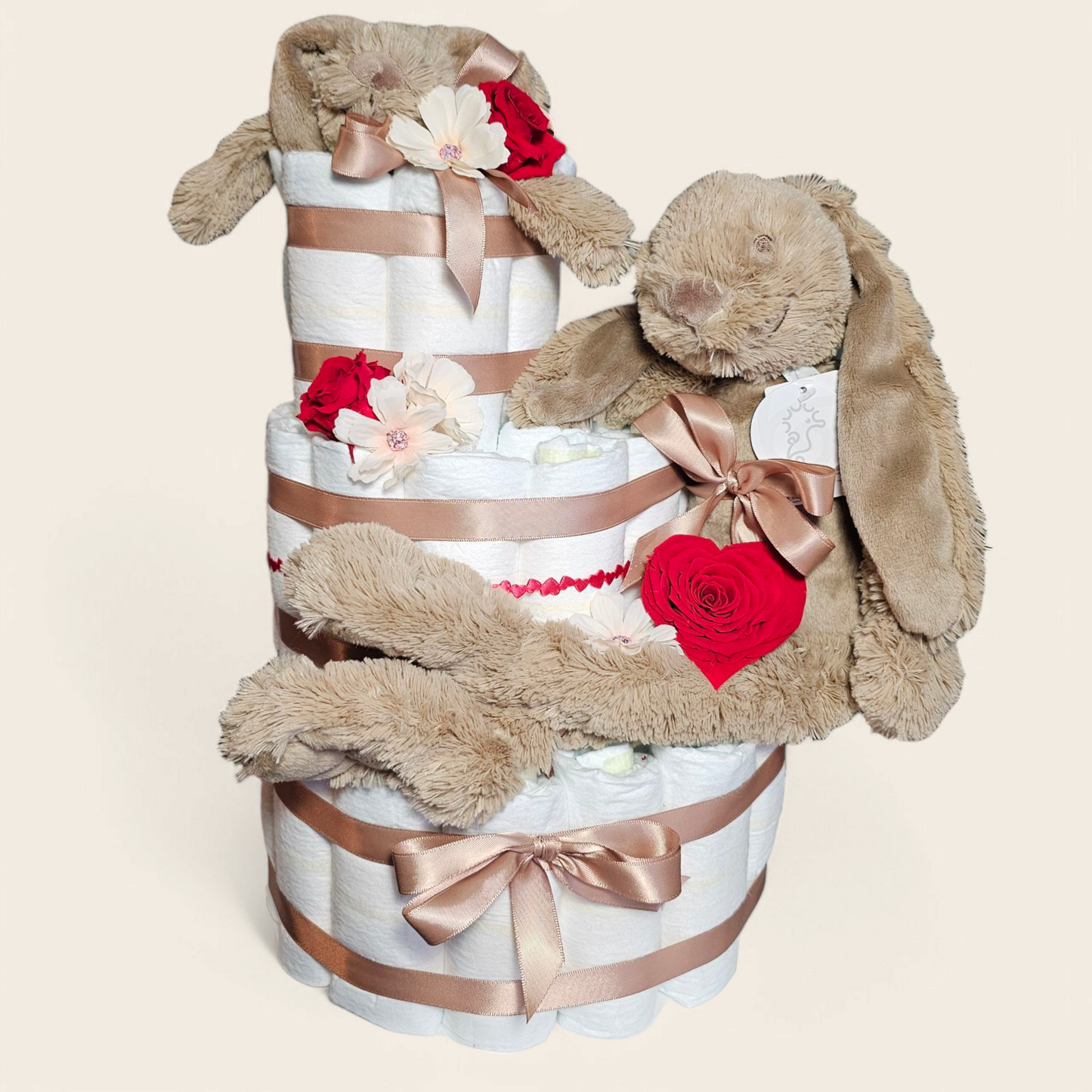 Luiertaart - Bruin - 3-laags | Happy Horse Knuffel Rabbit Richie (38 cm) + Knuffeldoekje | Pampers | Personaliseerbaar  | Luxe Longlife Roos