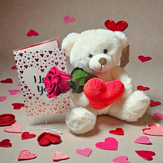 Witte Zittende Knuffelbeer (ca. 20 cm) met Hart, Rode Longlife Roos & Kaart – Romantisch Valentijnscadeau