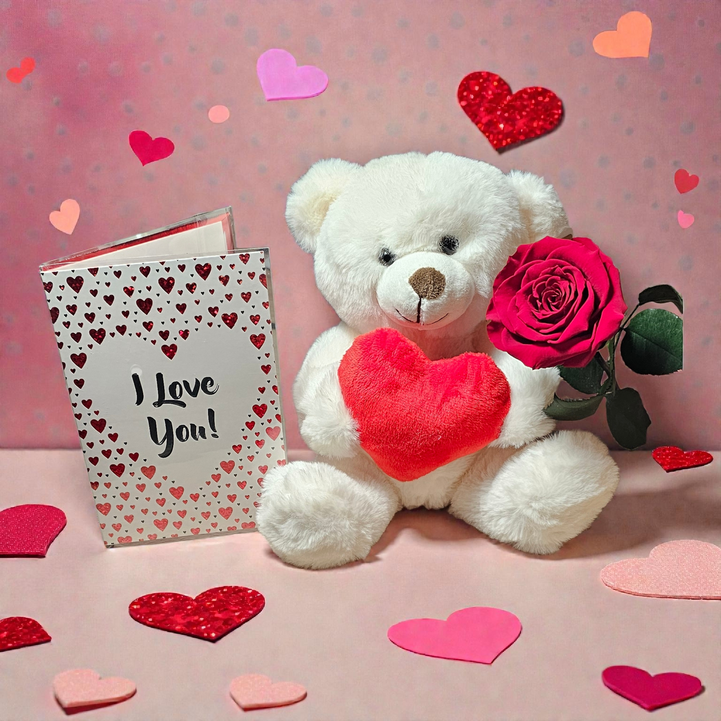 Witte Zittende Knuffelbeer (ca. 20 cm) met Hart, Rode Longlife Roos & Kaart – Romantisch Valentijnscadeau